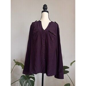 Lafayette 148 100% Silk Utility Blouse Purple V-Neck Button Front Size 14